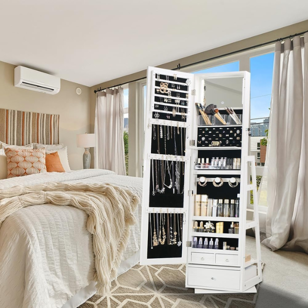 Armoire à bijoux pivotante verrouillable avec miroir - gris clair