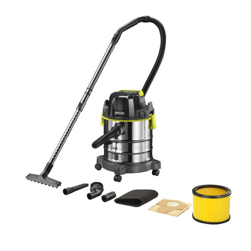 Aspirateur eau et poussière 18V RYOBI R18WDV-0 - cuve inox 18L -11,4 kPa - 1,4 m3/min + Accessoires