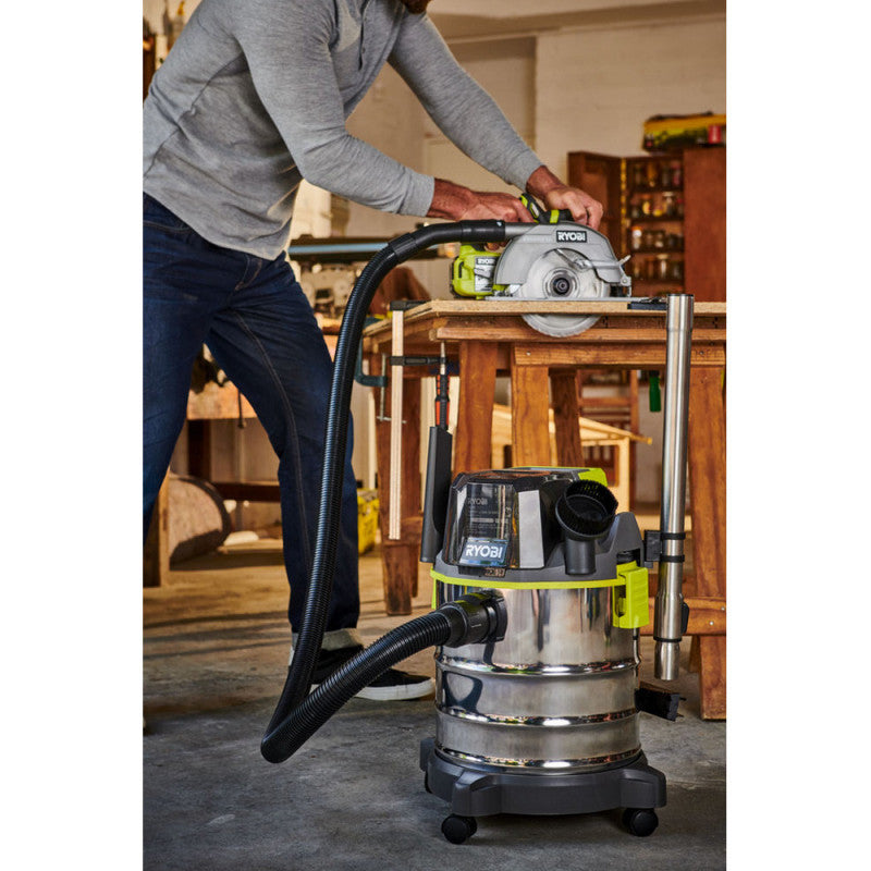 Aspirateur eau et poussière 18V RYOBI R18WDV-0 - cuve inox 18L -11,4 kPa - 1,4 m3/min + Accessoires