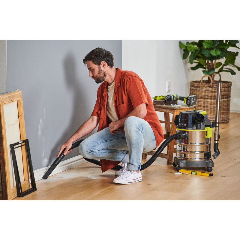 Aspirateur eau et poussière 18V RYOBI R18WDV-0 - cuve inox 18L -11,4 kPa - 1,4 m3/min + Accessoires