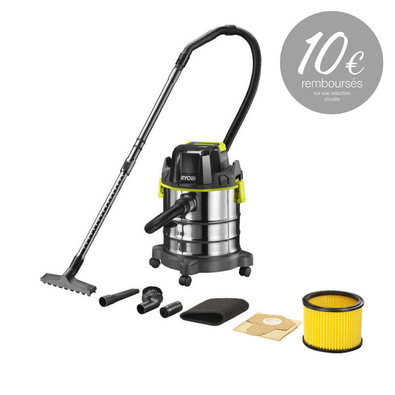 Aspirateur eau et poussière 18V RYOBI R18WDV-0 - cuve inox 18L -11,4 kPa - 1,4 m3/min + Accessoires