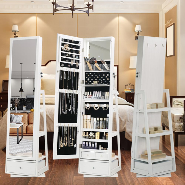 Armoire à bijoux pivotante verrouillable avec miroir - gris clair