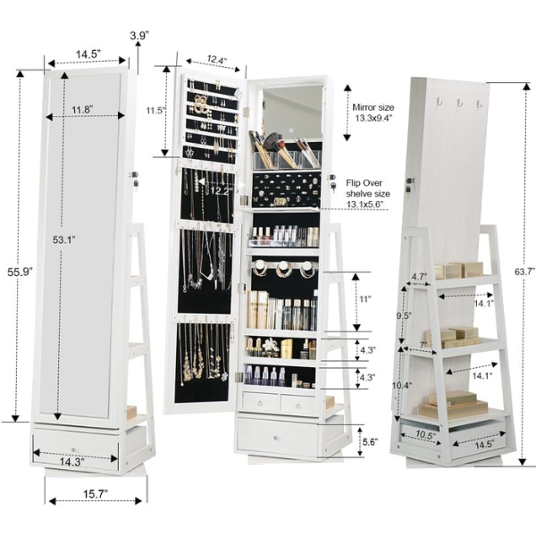 Armoire à bijoux pivotante verrouillable avec miroir - gris clair