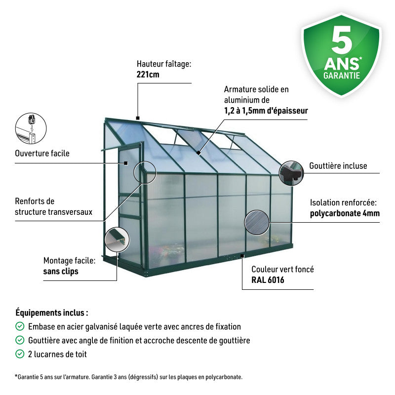 Serre Adossée - 3,9m² - Verte - en Polycarbonate 4mm
