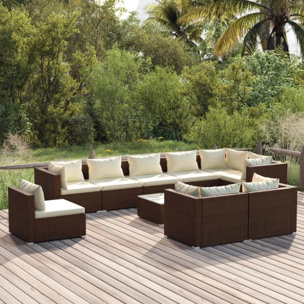 Salon de jardin 10 pcs avec coussins Résine tressée Marron