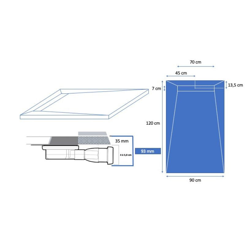 Receveur résine 120x90cm MARMOX RC12090SLATE-9010-LINE - Grille caniveau excentrée - Solid surface - Blanc imitation ardoise