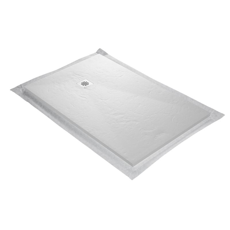 Receveur résine 160x90cm MARMOX RC16090SLATE-9010 - Grille carrée excentrée - Solid surface - Blanc imitation ardoise