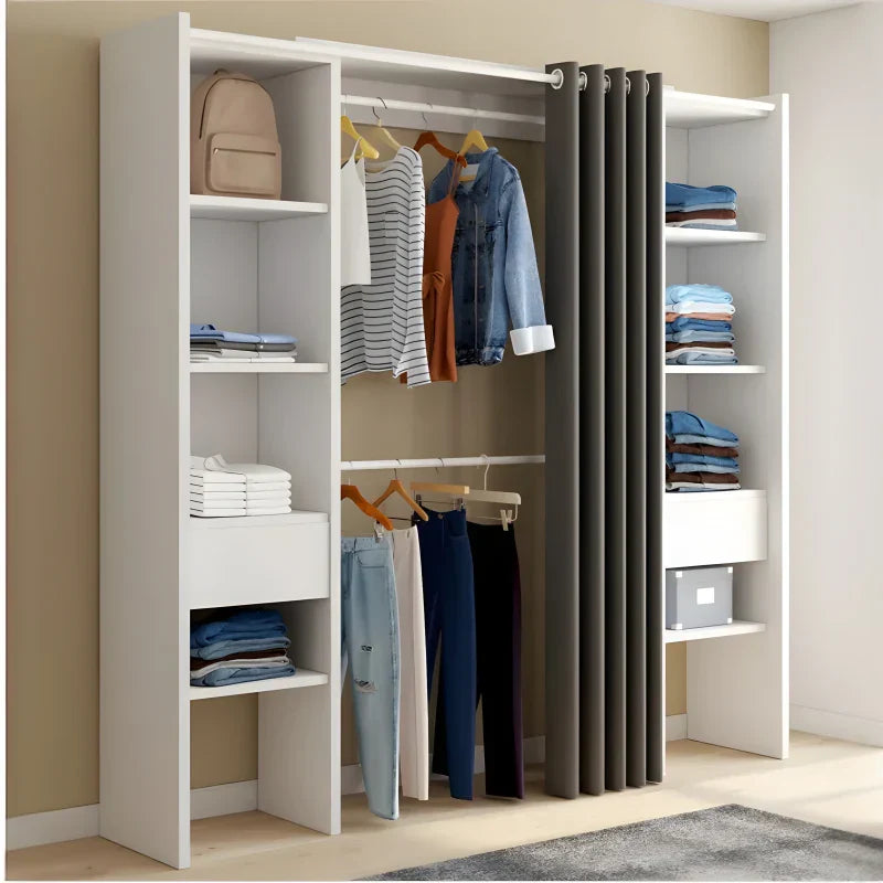 Dressing Extensible Blanc & Gris avec Rideau - Étagères - Double Penderie