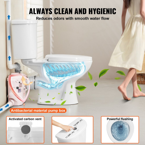 WC Broyeur Sanitaire 500 W, Pompe de Relevage Puissante, Système Compact avec Broyeur à Décharge Arrière et Chasse d'Eau, 3 Entrées, Sous-sol