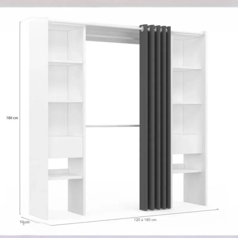 Dressing Extensible Blanc & Gris avec Rideau - Étagères - Double Penderie